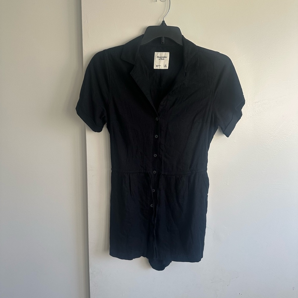 Abercrombie & Fitch Black Button-Up Romper Linen Viscose Blend